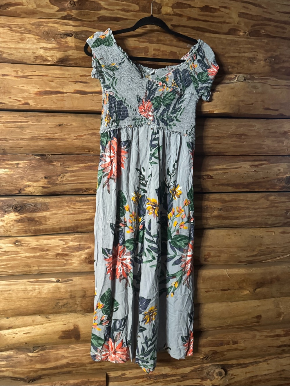Patrons of Peace Floral Maxi jumper in Light Gray with Coral & Yellow Blooms